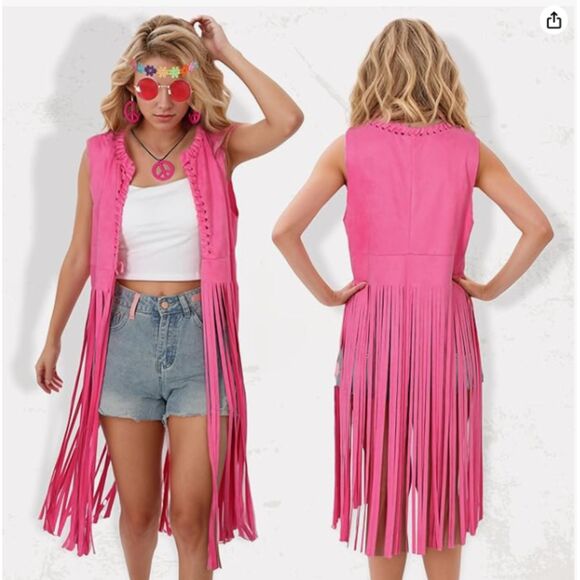 Pink HIPPIE Outfit Lg Fringe Vest Headband Peace necklace & Earrings Sunglasses - Picture 2 of 7